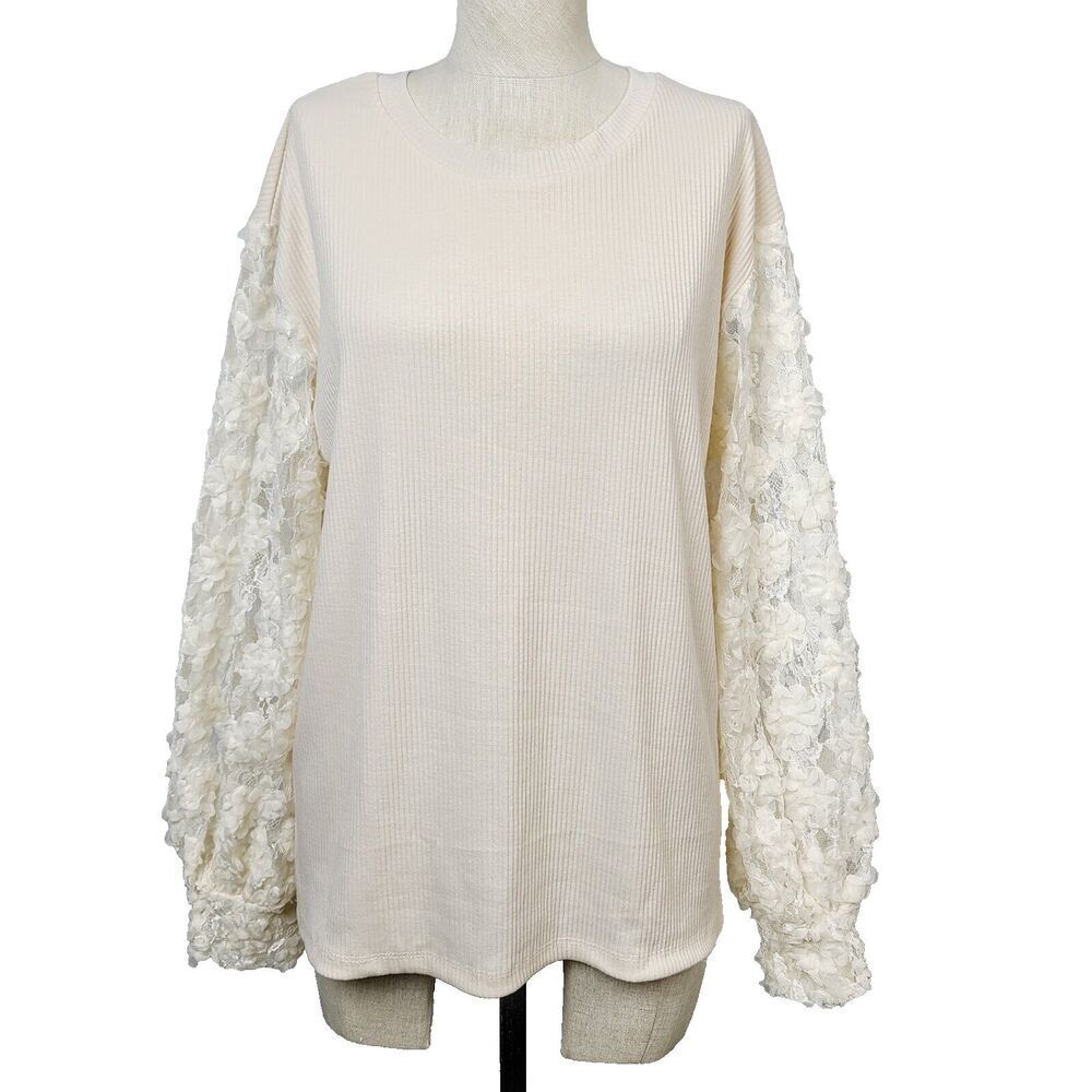 NEW Grace & Emma Top M Cream Ribbed Knit Lace Sleeve Pullover Relaxed Fit Blouse